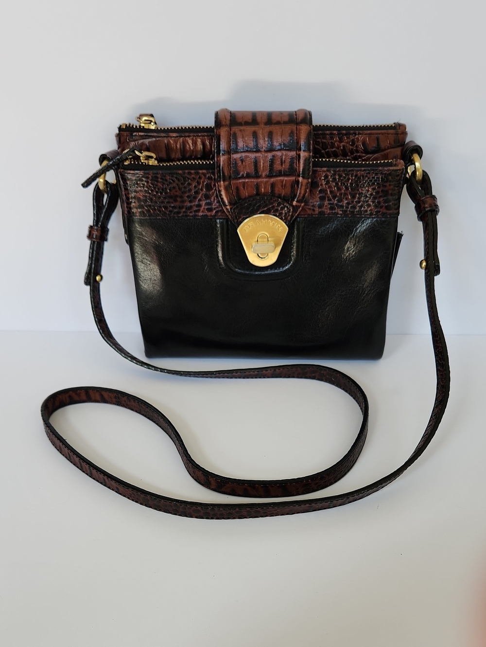 Brahmin Black and Brown Leather Crossbody with Original Registration Card